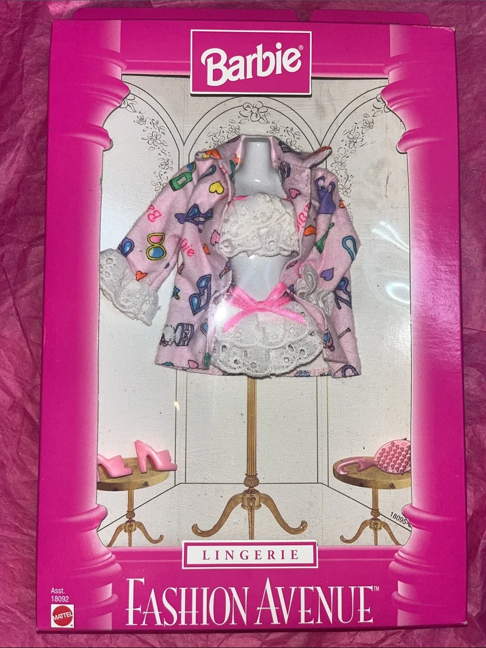 Mattel Barbie Pink Printed Robe with White Lace Lingerie Set